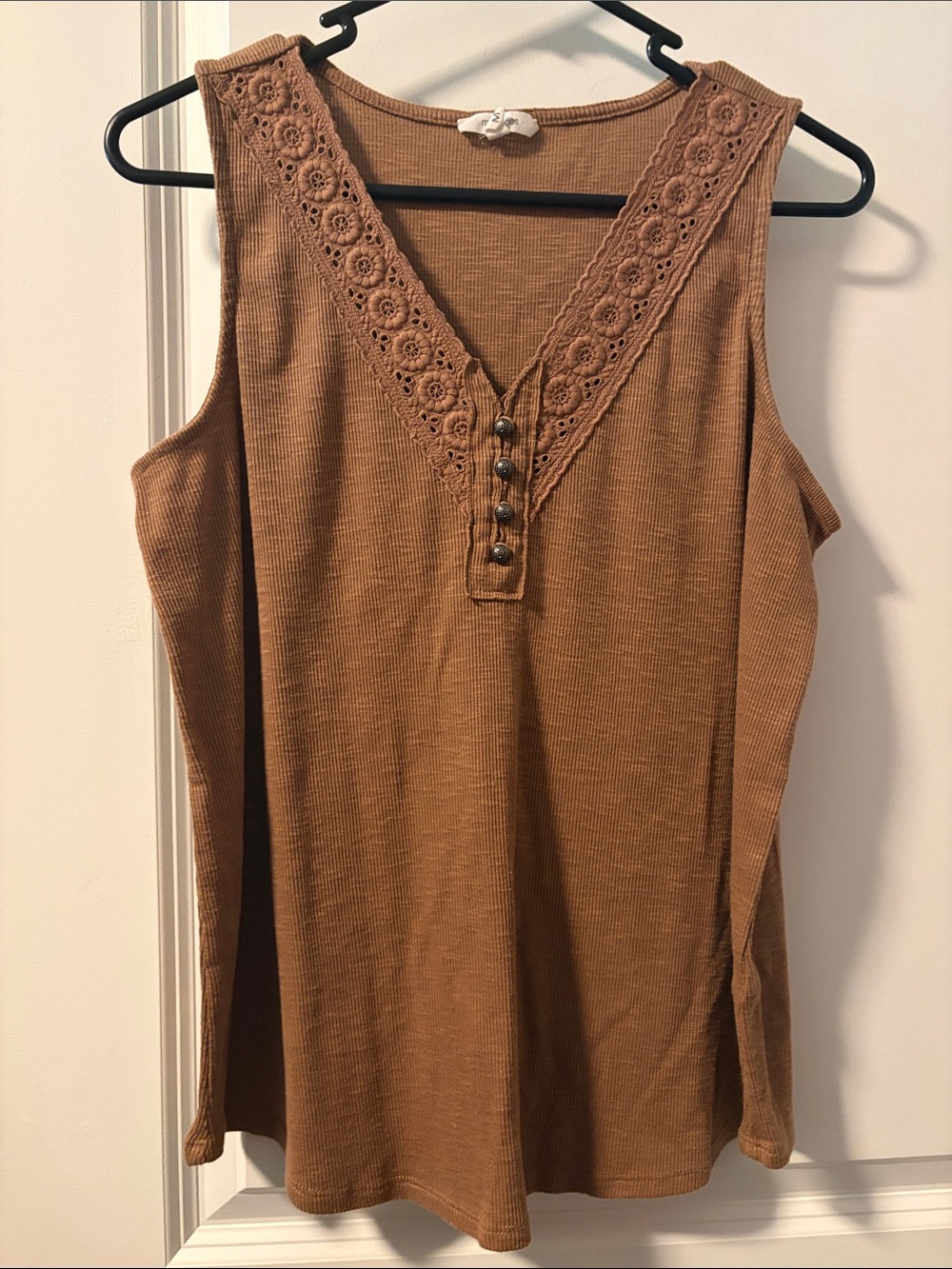 Maurices Camel Lace-Trim V-Neck Button Tank